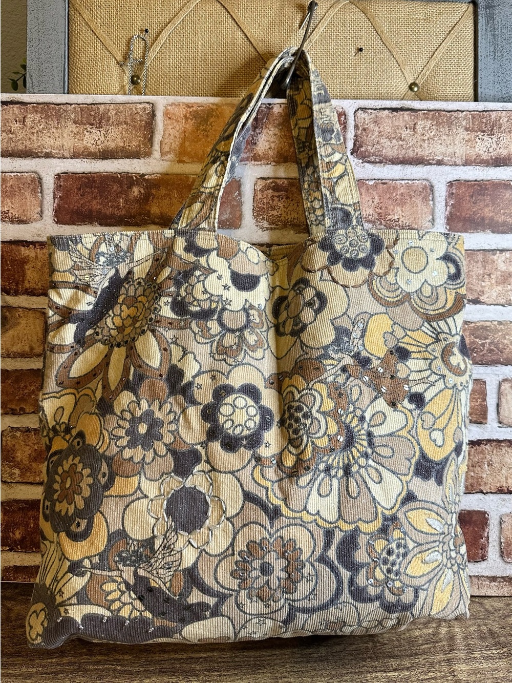 GAP Vintage 2005 Corduroy Flower Sparkle Beads Boho Y2K Shoulder Tote Bag